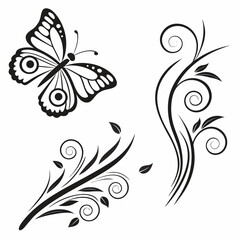 Black butterfly and floral swirls decorative black and white
