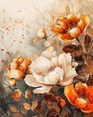 Watercolor Orange Floral Background with Copy Space, Flower Graphic Design for Invitations