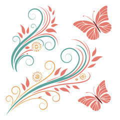 Coral Butterflies and Teal Swirls butterfly floral