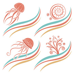 Obraz premium Coral jellyfish and floral swirls with wavy lines organic