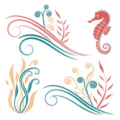 Fototapeta premium Coral seahorse with swirling floral elements swirls aquatic