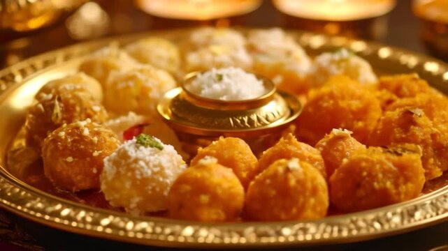 Golden tray displays diverse spherical Indian sweets; candles glow warmly in background