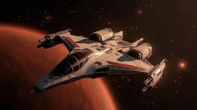 Futuristic space fighter jet flying through fiery nebula clouds in deep space, creating an intense sci-fi action atmosphere.

