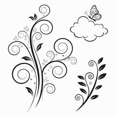 Black floral swirls with butterfly and cloud vines