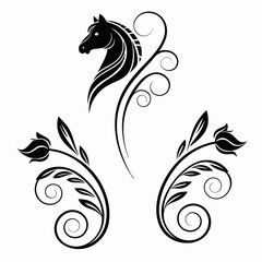 Black horse head with floral swirls vector