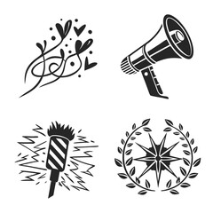 Black icons hearts megaphone firework compass love