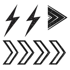 Black lightning bolt and chevron icons with grunge texture