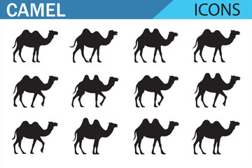 A collection of camel icons, featuring various designs of camels in minimalistic black and white. Perfect for desert, animal, wildlife, and travel-themed projects, and ideal for digital design.