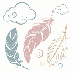 Obraz premium Delicate pastel feathers and clouds with swirling accents blue pink