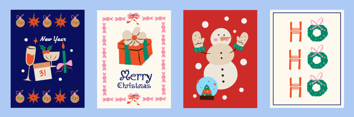 Merry Christmas and Happy New Year decoration. Set of vector illustrations for background, poster, greeting card, party invitation card, website banner, social media banner, marketing material, label.