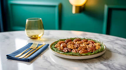 A high-end dining table setting with a marble-textured white and gray surface.