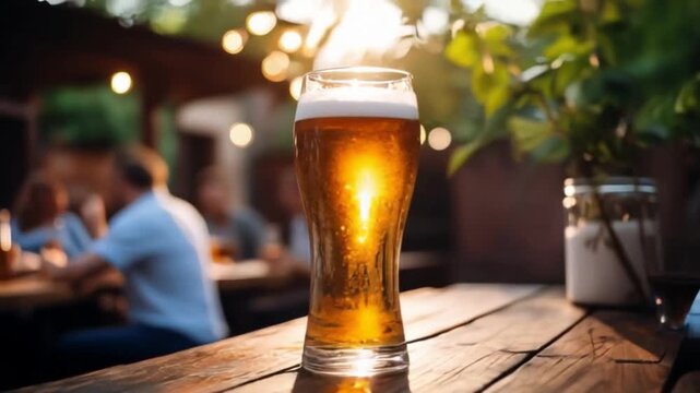 A large glass of beer sits on a wooden table at an outdoor bar, capturing a relaxed, social atmosphere, perfect for beer day