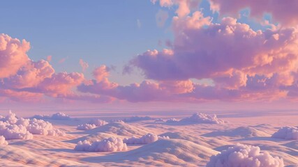 The sky is filled with fluffy white clouds and a pinkish hue. The clouds are scattered throughout the sky, creating a sense of depth and movement - Powered by Adobe