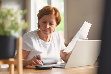 Sad frustrated senior woman pensioner having depressed look, holding hand on her face, calculating...