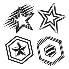 Black star emblems with bold outlines and graphic elements