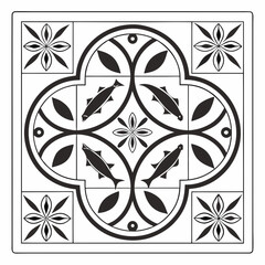 Black white fish floral geometric pattern vector