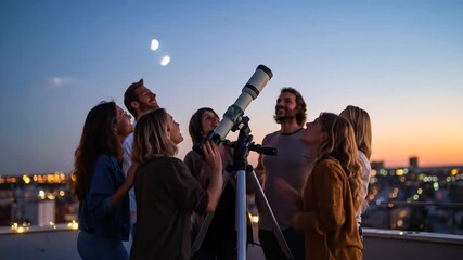 Group stargazing with telescope on rooftop at dusk, city lights behind