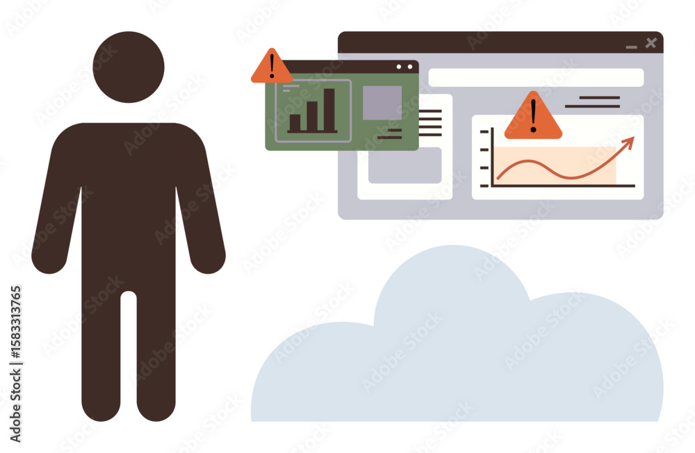 Poster user silhouette next to data visualization graphs with alert icons on dashboard and cloud icon. idea