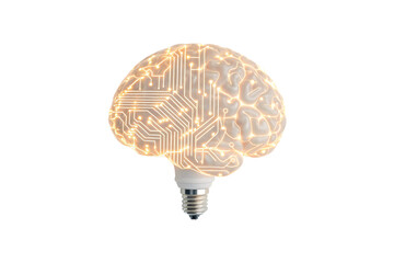 Warm golden brain lightbulb with circuit patterns and glowing electrical connections inside, isolated on a transparent background