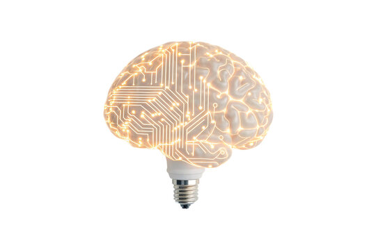 Warm golden brain lightbulb with circuit patterns and glowing electrical connections inside, isolated on a transparent background
