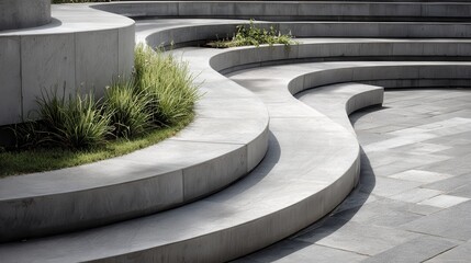 Concrete steps curving through paved surface, green grass peeking between, forming minimalist urban walkway design