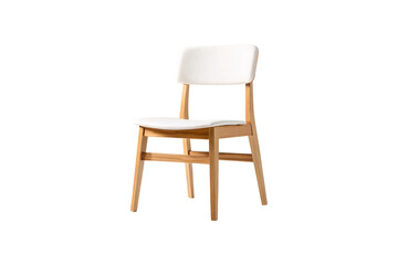 Contemporary wooden chair with white cushioned seat and backrest, natural wood frame and legs, isolated on a transparent background