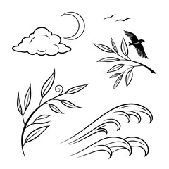 Cloud moon bird branch waves black white crescent flying