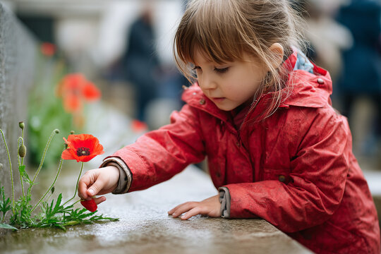 child placing red poppy flower on gravestone, Remembrance Day, 