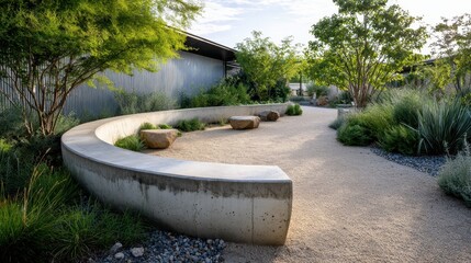 Sunlight bathing curved concrete bench amid gravel paths, verdant foliage, decorative stones, forming tranquil garden sanctuary with minimalist landscaping design