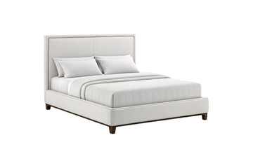 Modern upholstered bed with gray fabric headboard and white bedding in contemporary bedroom style, isolated on a transparent background