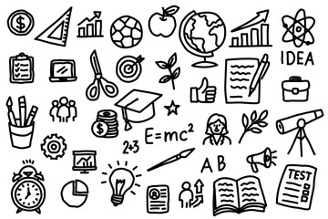 Hand-drawn black and white education and science icons. Includes books, graduation cap, light bulb, globe, atom, pencils, test paper, telescope, clock, charts, and formulas. Perfect for school