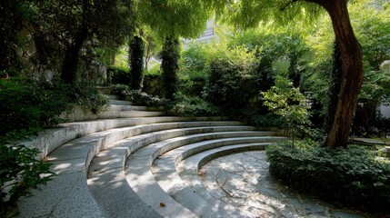Soft sunlight streaming through verdant tree foliage, highlighting winding stone garden steps leading downward, radiating tranquil landscape ambiance