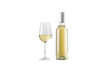 Golden white wine bottle with silver cap beside filled wine glass, isolated on a transparent background