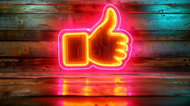 Neon Thumbs Up Sign on Wood. This image features neon, thumbs up, like, approval, and more, offering a clear depiction