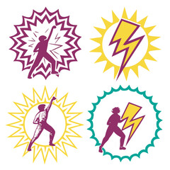 Energetic figures with lightning bolts and starbursts vector icons silhouette