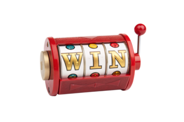 Red slot machine showing "WIN" with three spinning reels and golden handle, isolated on a transparent background