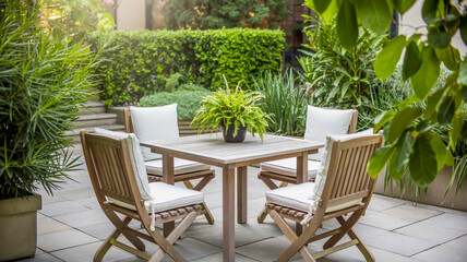 A serene garden patio scene with a wooden dining set in the center.