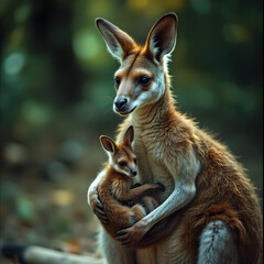 Fototapeta premium A mother kangaroo is holding her baby kangaroo