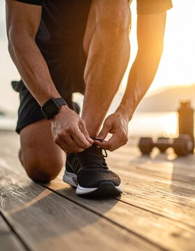Close-up of Athletic Hands Tying Running Shoes on Wooden Deck. Morning Sunlight & Fitness Preparation. Motivation for Jogging, Workout & Active Lifestyle