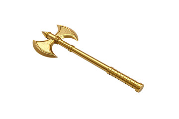 Golden double-headed battle axe with ornate details, fantasy weapon with curved blades and handle, isolated on a transparent background