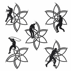 Five figures entangled with abstract floral knot designs black white silhouette