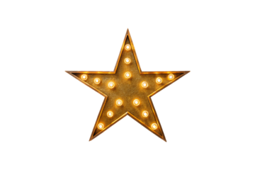 Golden marquee star with bright bulbs creating vintage theater signage effect, isolated on a transparent background