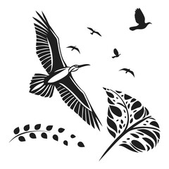 Flock of birds soaring above stylized foliage flying nature
