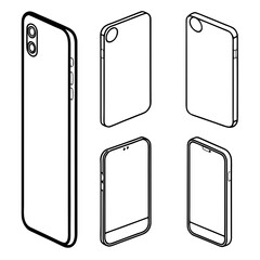 Five isometric smartphone mockups with camera lenses and notches mobile phone device
