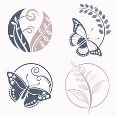 Floral butterfly emblems with botanical elements and swirls nature