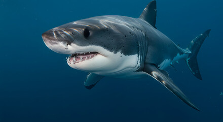 Naklejka premium A powerful great white shark swims gracefully through deep blue ocean waters, a majestic and imposing apex predator in its natural habitat.