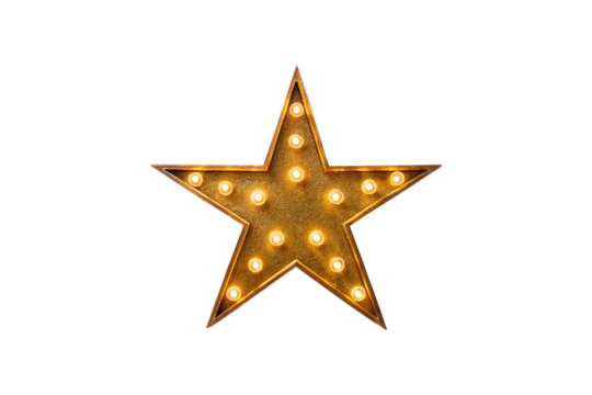 Golden marquee star with bright bulbs creating vintage theater signage effect, isolated on a transparent background