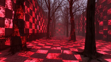 Red Checkerboard Alleyway with Trees. This image features red, checkerboard, alley, trees, and more, offering a clear depiction of red