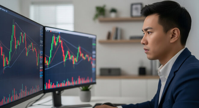 Focused businessman analyzing stock market data on dual monitors. - Powered by Adobe