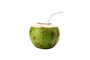 Green coconut with bent white drinking straw ready for refreshing tropical coconut water, isolated on a transparent background
